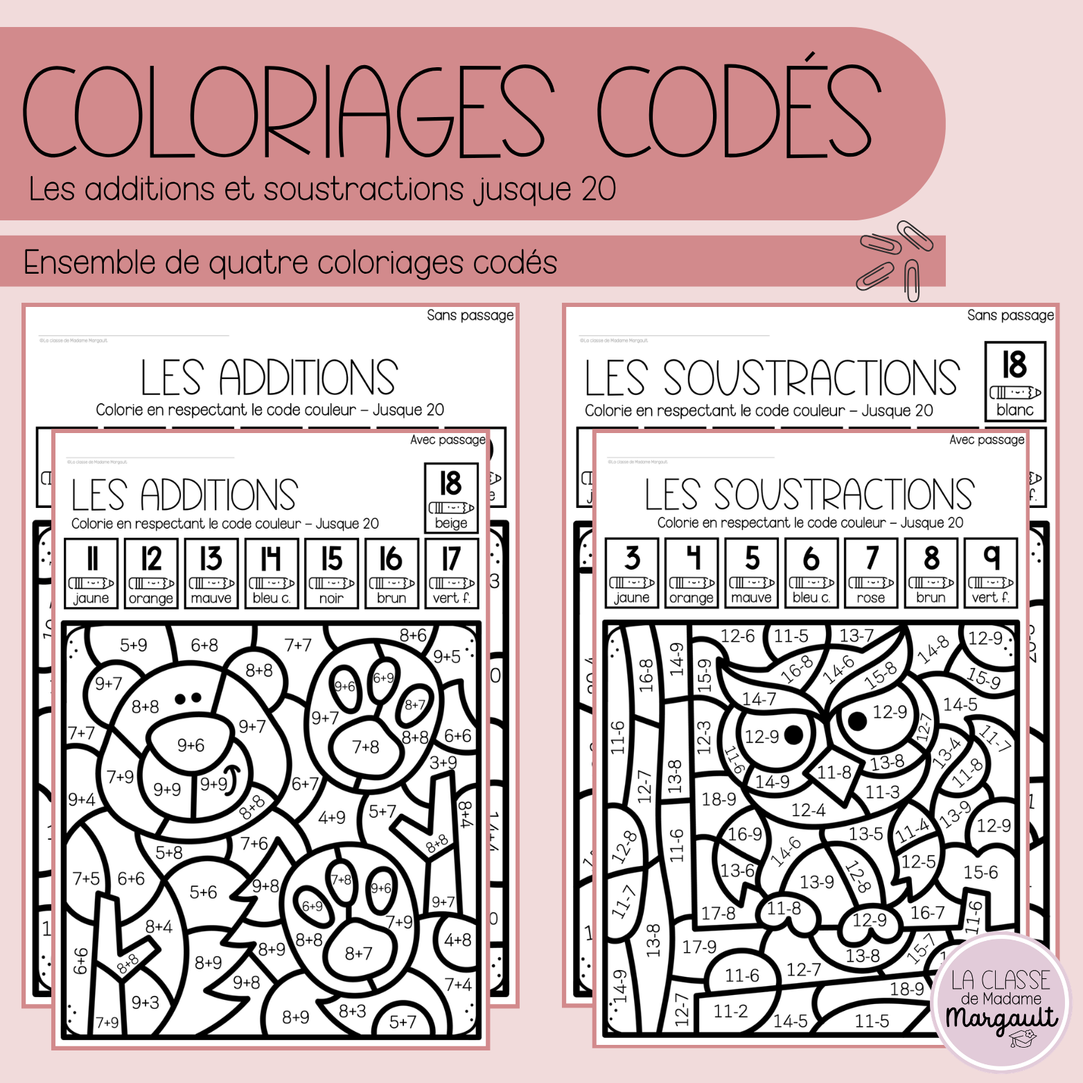 Coloriages codés - Les additions & soustractions jusque 20